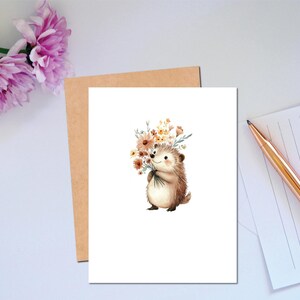 Woodland Series Cute Little Hedgehog with Flowers Everyday Note Card For Any Occasion Card Personalized Text Option Available