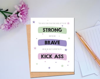 Tarjeta Valiente y Fuerte. Tarjeta para dar ánimos a alguien en momentos difíciles. Apoyo en casos de cáncer, divorcio, enfermedad o situaciones complicadas.
