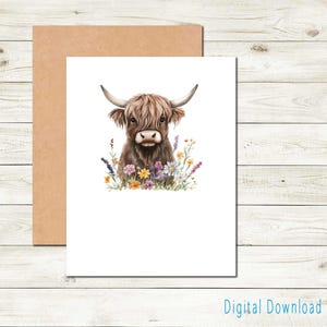 Carte de correspondance imprimable Vache Highland pour toutes les occasions Carte de téléchargement numérique Carte de remerciement Série Woodland Papeterie Thinking of You