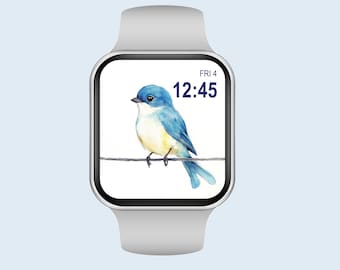 Little Blue Bird Watch Wallpaper Watercolor Design Watch Face Bird Aesthetics Simple Design Smart Watch Spring Wallpaper