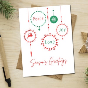 Carte Peace Love Joy, décorations des Fêtes, carte avec renne, voeux de fin d'année, fêter avec vos amis et votre famille