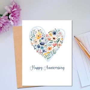 Anniversary Card for Couple Heart Bouquet Happy Anniversary Card Rose and Blue Colors for Her Floral Heart Simple Anniversary Card for Wife
