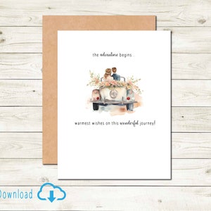 Carte de mariage imprimable à téléchargement numérique pour couple le jour du mariage avec une voiture ancienne, l'aventure commence Meilleurs voeux aux jeunes mariés