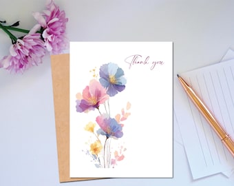 Thank you Card for Friend or Coworker in Watercolor for Teacher Thank you Card for Appreciation Floral Thank You Card