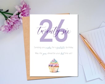 26th Happy Birthday Cupcake Birthday Card for Friend to Send Birthday Wishes Treat with this Birthday Greeting Card