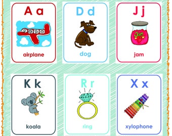 English Alphabet Flash Cards - A-Z Educational Pre-school Early Learner Digital Download Printable Fun to Learn  5" x 3.75" cards A-Z