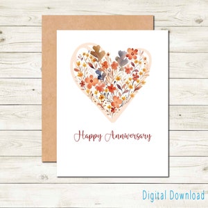 Carte d'anniversaire à imprimer pour couple, bouquet de coeurs, carte de joyeux anniversaire, couleurs d'automne pour elle, coeur floral, carte d'anniversaire simple