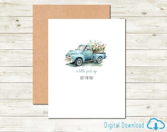 Tarjeta con diseño de camioneta en acuarela: Pensando en ti, tarjeta de positividad (solo archivo PDF descargable)