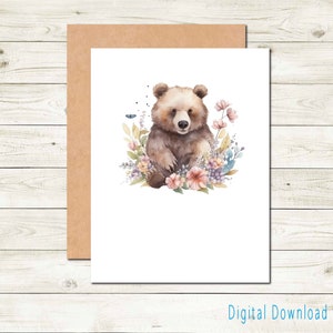 Carte de correspondance imprimable avec des fleurs et des ours pour toutes les occasions Carte de remerciement avec fleurs en téléchargement numérique Série Woodland
