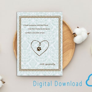 Printable Pet Sympathy Card Digital Download Heart Sympathy Paw Loss of ...