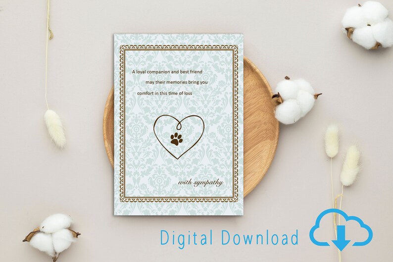 Printable Pet Sympathy Card Digital Download Heart Sympathy Paw Loss of ...