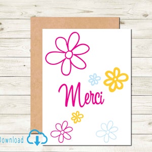Printable French Thank you Card Merci  Digital Download Card Thank-you Card with Flowers Thank you Bridesmaid Thank-you Friend Card