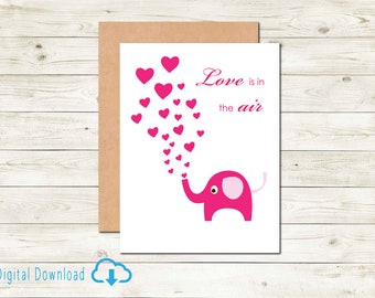 Printable Valentine's Day Card for Him Cute Digital Download Card for Her on Valentine's Day Cute Elephant card for partner