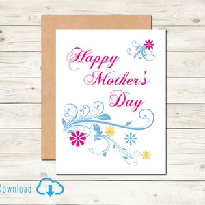 Cartão de feliz dia das mães para impressão, download digital, comemoração da mãe, cartão colorido exclusivo para filha, mãe, flor