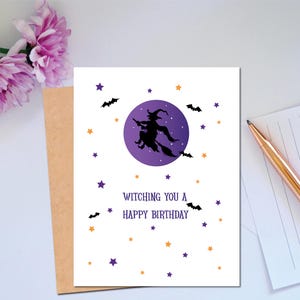 Cartão de aniversário de bruxa de Halloween com trocadilho Cartão de Halloween com bruxaria para você Feliz Aniversário