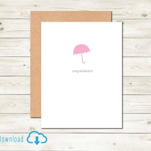 Tarjeta imprimible para bebé recién nacido, tarjeta para baby shower con sombrilla rosa, tarjeta de felicitación para bebé recién nacido, tarjeta para nuevos padres que celebran al pequeño.