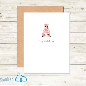 Cartão de casamento para impressão, cartão de download digital para casal no dia do casamento com cartão de bolo de casamento