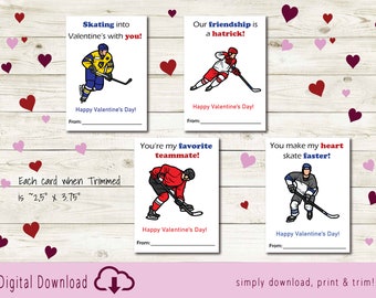 Printable Hockey Kids Valentine's Day Cards Valentines Classroom Hockey Cards for Kids Hockey Players Goalie Valentines Cards for Kids