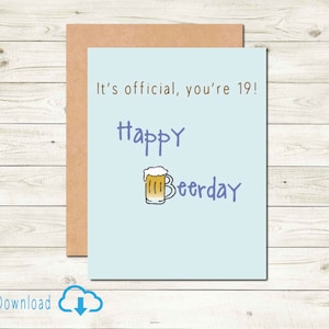 Tarjeta de cumpleaños número 19 imprimible Tarjeta de cumpleaños digital 19 Tarjeta divertida para amigo Tarjeta Happy Beerday Tarjeta de diecinueve cumpleaños Edad legal