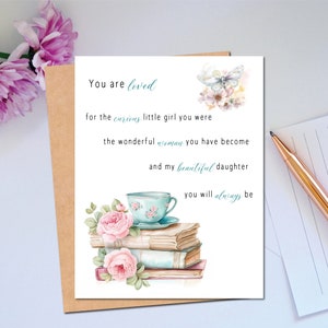 Geburtstagskarte für Tochter alles Gute zum Geburtstag Vintage Geburtstagskarte Schöne Illustration Bücher, rosa Rosen und einer Teetasse Shabby Chic Karte