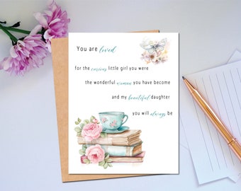 Birthday Card for Daughter Happy Birthday Vintage Birthday Card Beautiful Illustration of Books, Pink Roses, and a Tea Cup Shabby Chic Card