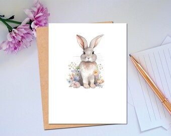 Woodland-serie Kaart met schattige konijntjes en bloemen Alledaagse notitiekaart voor elke gelegenheid Grillige kaart met konijn Briefpapier Tekstoptie personaliseren
