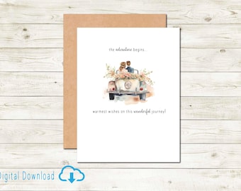 Printable Wedding Card Congratulations for Couple on Wedding Day with Vintage Car the Adventure Begins Warmest Wishes to the newlyweds