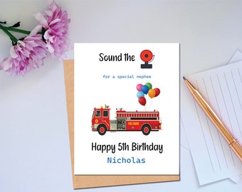 Happy Birthday Card Fire Truck Sound the Alarm Personalize with Name and Birthday for Your Nephew Birthday Card
