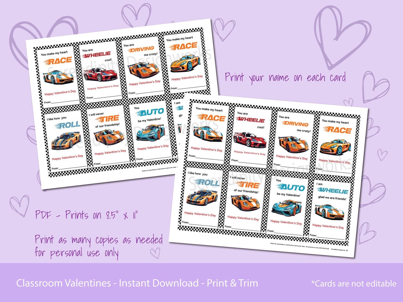 Printable Sport Car Kids Valentine's Day Cards Valentines Classroom ...