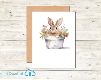 Woodland Series Bunny in a Pot Note Card For Any Occasion Stationery Wildlife Animal Everyday Card Digital Download