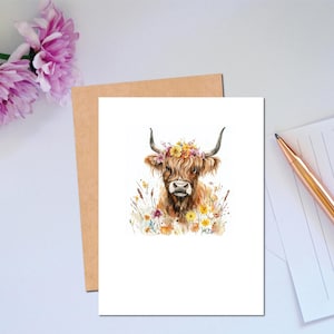 Woodland Series Highland Cow Note Card Any Occasion Card of Highland Cow with Flowers Cute Stationery Personalize Text Option Everyday Card