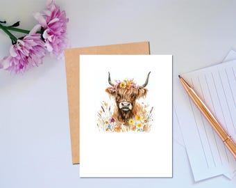 Woodland Series Highland Cow Note Card Any Occasion Card of Highland Cow with Flowers Cute Stationery Personalize Text Option Everyday Card