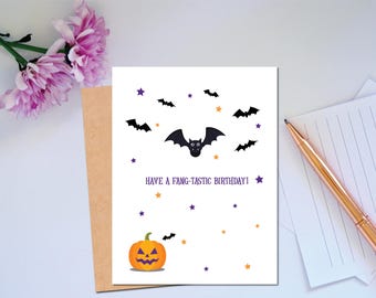 Karta urodzinowa z nietoperzami i dynią Jack-o-lantern na Halloween. Karta na Halloween. Mam fantastyczną kartę urodzinową.