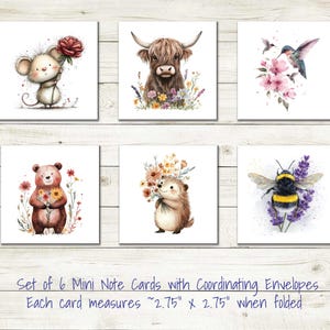 Peut inclure: Ensemble de six mini cartes de correspondance avec enveloppes assorties. Chaque carte présente une illustration à l'aquarelle d'un animal tenant des fleurs, dont une souris, un ours, un hérisson et une abeille. Chaque carte mesure environ 7 cm x 7 cm pliée.