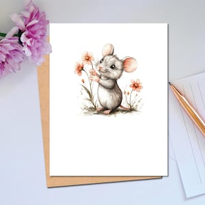 Petite souris mignonne avec des fleurs de la série Woodland Carte de correspondance pour tous les jours Carte de souris fantaisiste Papeterie Texte personnel