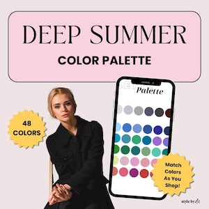 Pode incluir: Uma mulher ao lado de um smartphone exibindo uma paleta de cores. O telefone mostra uma variedade de cores. O texto na imagem diz "DEEP SUMMER COLOR PALETTE", "48 COLORS" e "Match Colors As You Shop!"