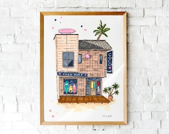 Handmade drawing of a surf shop and palm tree on the beach. Illustration inspired by Japanese architecture. Fine art giclee print.