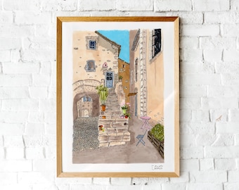 May include: A watercolor illustration of a narrow, cobblestone street in a European village. The street is lined with old, stone buildings, and there are steps leading up to a doorway. There are potted plants and a small table and chairs in the street.