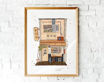 Hand-drawn drawing of a vintage Japanese wokshop and sushi restaurant. Hand-signed art print. Japandi wall decor.
