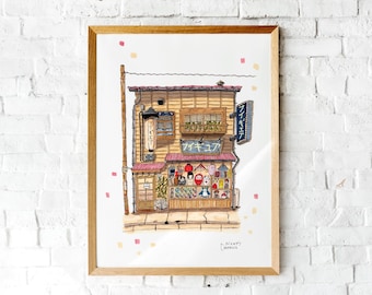 Hand-drawn illustration of a Japanese souvenir shop. Giclee print on textured watercolor fine art paper. Signed by me.