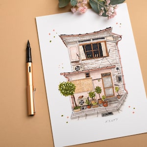 Handgetekende tekening van een Japans huis in Tokio. Fine Art giclée print op RAG aquarelpapier, door mij gesigneerd.