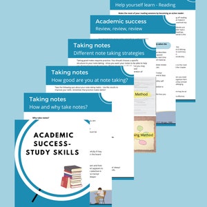 May include: A blue and white infographic with the title "Academic Success - Study Skills". The infographic includes tips on note-taking, reading, and review.