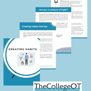 May include: A blue and white infographic with the text "Creating Habits That Last" and "Are you a creature of habit?" The infographic features a cartoon illustration of a person lifting weights and a circle with a pie chart inside. The infographic also includes text about the importance of habits and how to create them.