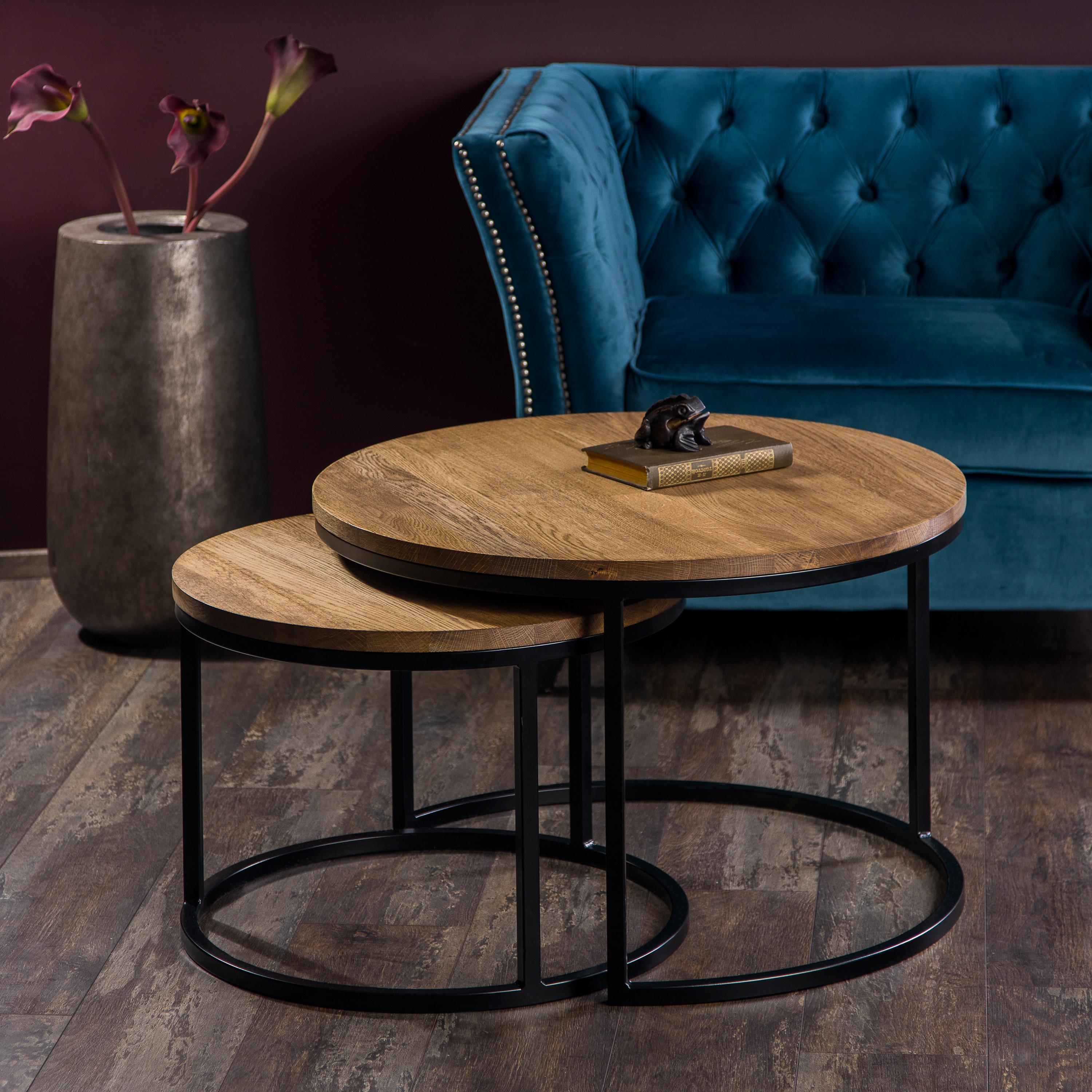 Table basse gigogne ronde, ensemble de tables basses rondes en bois, table basse en chêne foncé, table basse en chêne massif, table basse en chêne mas