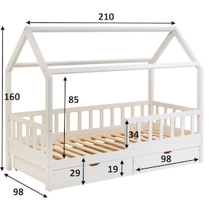 Peut inclure: Cadre de lit en bois blanc en forme de maison avec une base &agrave; lattes et un tiroir coulissant. Le cadre de lit mesure 216 cm de haut, 249 cm de large et 533 cm de long. Le tiroir mesure 74 cm de large, 48 cm de profondeur et 86 cm de haut.