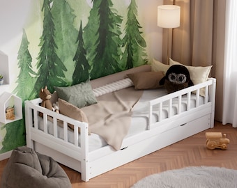 Cama infantil de madera maciza con cajones extraíbles de 90 x 200 cm, cama nido, cama infantil con almacenaje