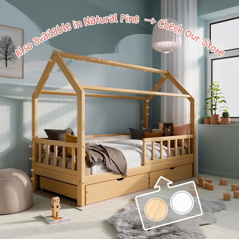 Lit cabane pour tout-petit Montessori en bois de pin massif (90 x 200) avec tiroirs, lit pour tout-petit avec lit gigogne image 13