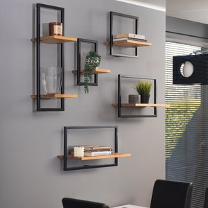 Industrieregal, Eiche Massivholz Regal, Bücherregal, Vintage, Bücherregal, Hängeregal, rustikales Holzregal, Metallwand schwebendes Regal, schwebend