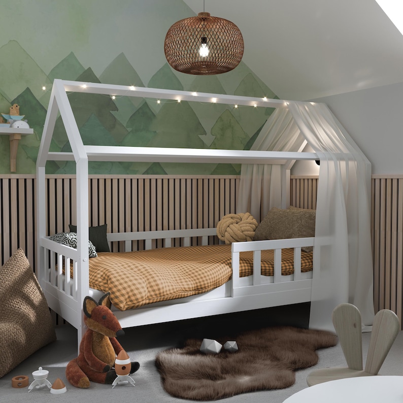 Lit cabane pour tout-petit Montessori en bois de pin massif (90 x 200) avec tiroirs, lit pour tout-petit avec lit gigogne image 7
