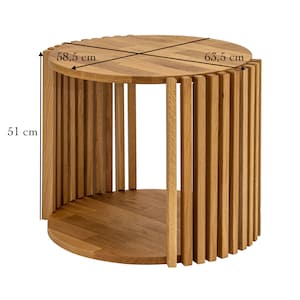 May include: A round wooden side table with a slatted design. The table measures 23 inches in diameter and 20 inches in height.